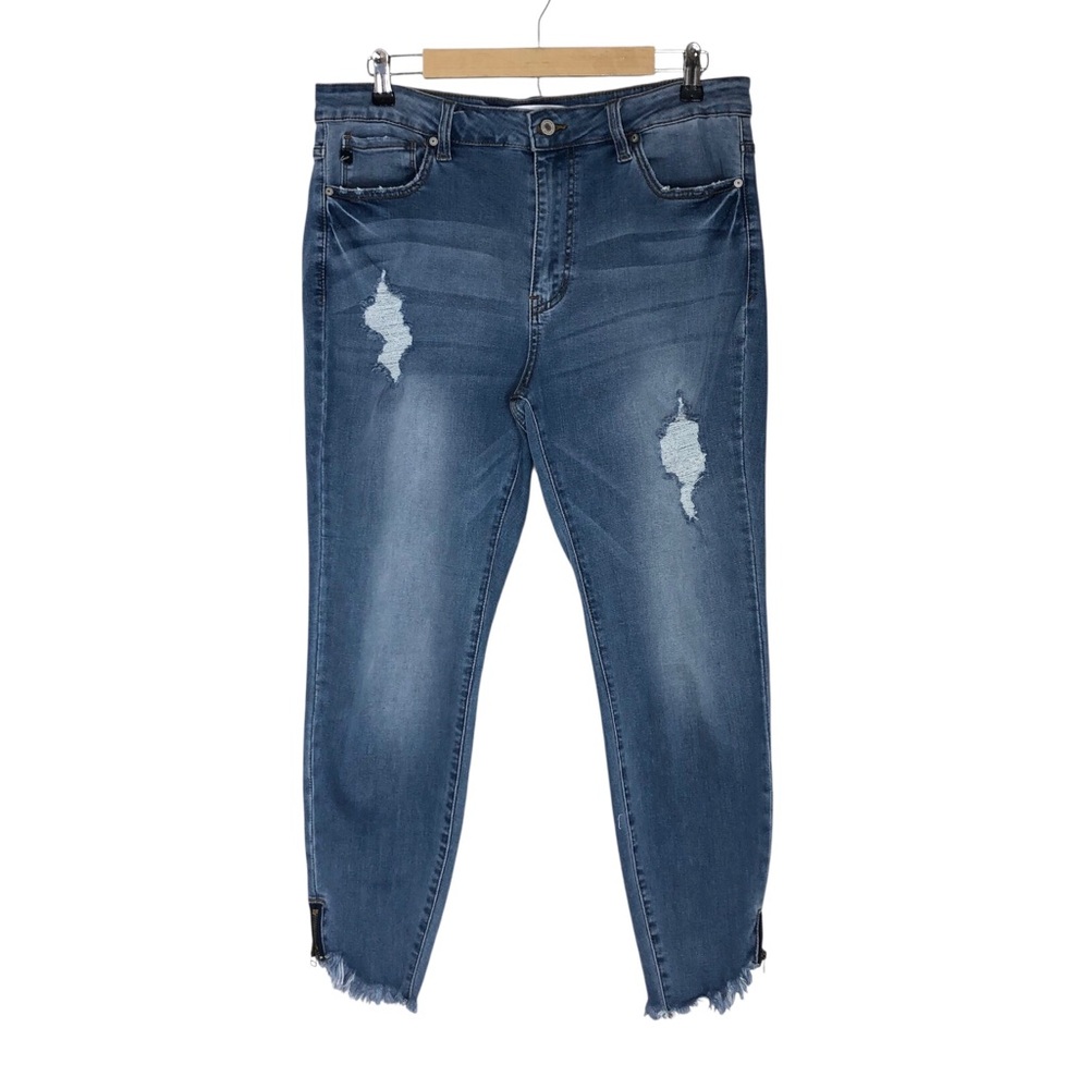 Kancan Cotton Blend Destroyed Frayed Hem Zipper Ankle Skinny Jeans XL‎